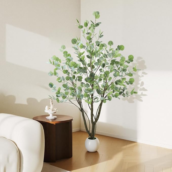 Caxchiling Artificial Eucalyptus Tree 5FT, Indoor Outdoor Faux Tree | Natural Trunk with White Planter for Home Office Living Room Front Door Decor