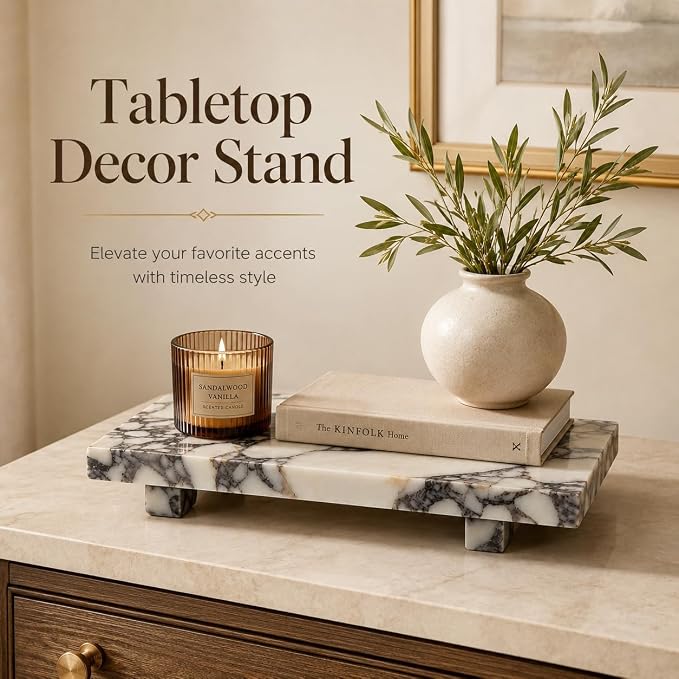 Marble Pedestal Tray Stand for Perfume, Soap & Vanity | 13.8 x 6.7 in Vanity Tray for Jewelry, Keys and Candles, Bathroom Counter, Dresser, Nightstand and Entryway Decor