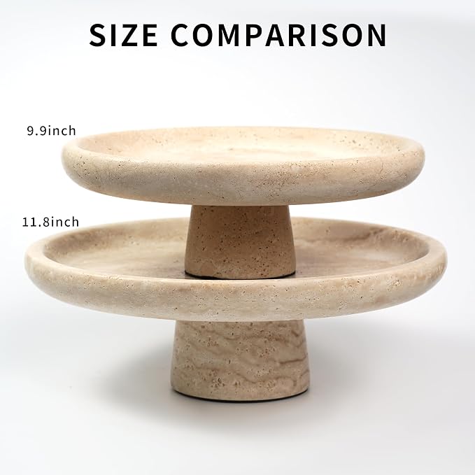 Marble Fruit Bowl for Kitchen - 11.8" Travertine Decorative Stone Pedestal Bowls for Home Decor, Footed Fruits Holder For Dining Table Counter Organization