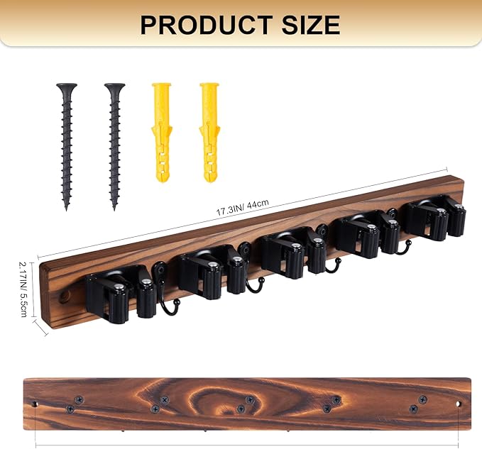 FunCee Broom Holder Wall Mount With 5 Slots & 4 Hooks,Rustic Wood Broom & Mop Hanger,Wall Mounted Garden & Garage Tool Storage Organizer Rack for Closet Laundry Room or Kitchen Wall Decor