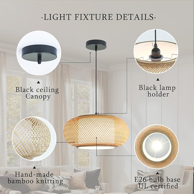 Bamboo Pendant Light Dining room light wabi sabi japanese Light fixture Country style Ceiling Hanging Light Beige Boho Antique Lantern Applicable for Kitchen Island Teahouse bedroom Restaurant