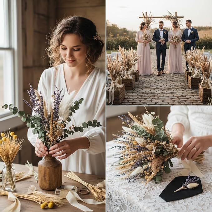 500PCS Dried Pampas Grass Bouquet β Boho Dried Flowers for Vase, White & Brown Pampas, Bunny Tails, Eucalyptus, Wheat & Lavender β Natural Floral Decor for Home, Wedding, Baby Shower &Photoshoot Props
