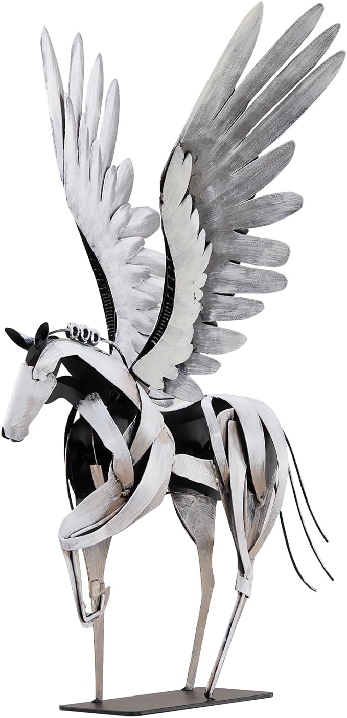 SunBlogs Art Horse Statue Décor Artwork, 24" H Handmade Metal Pegasus Greek Flying Horse Sculpture, Hand-Painted Animal Figurines for Home Living Room Office (Vintage White with Wings)