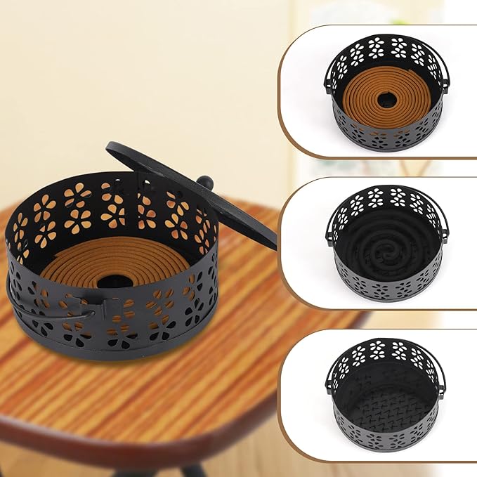 Portable Iron Mosquito Coil Holder with Handle Round Heat-Resistant Incense Holder for Home Office Camping (Black)