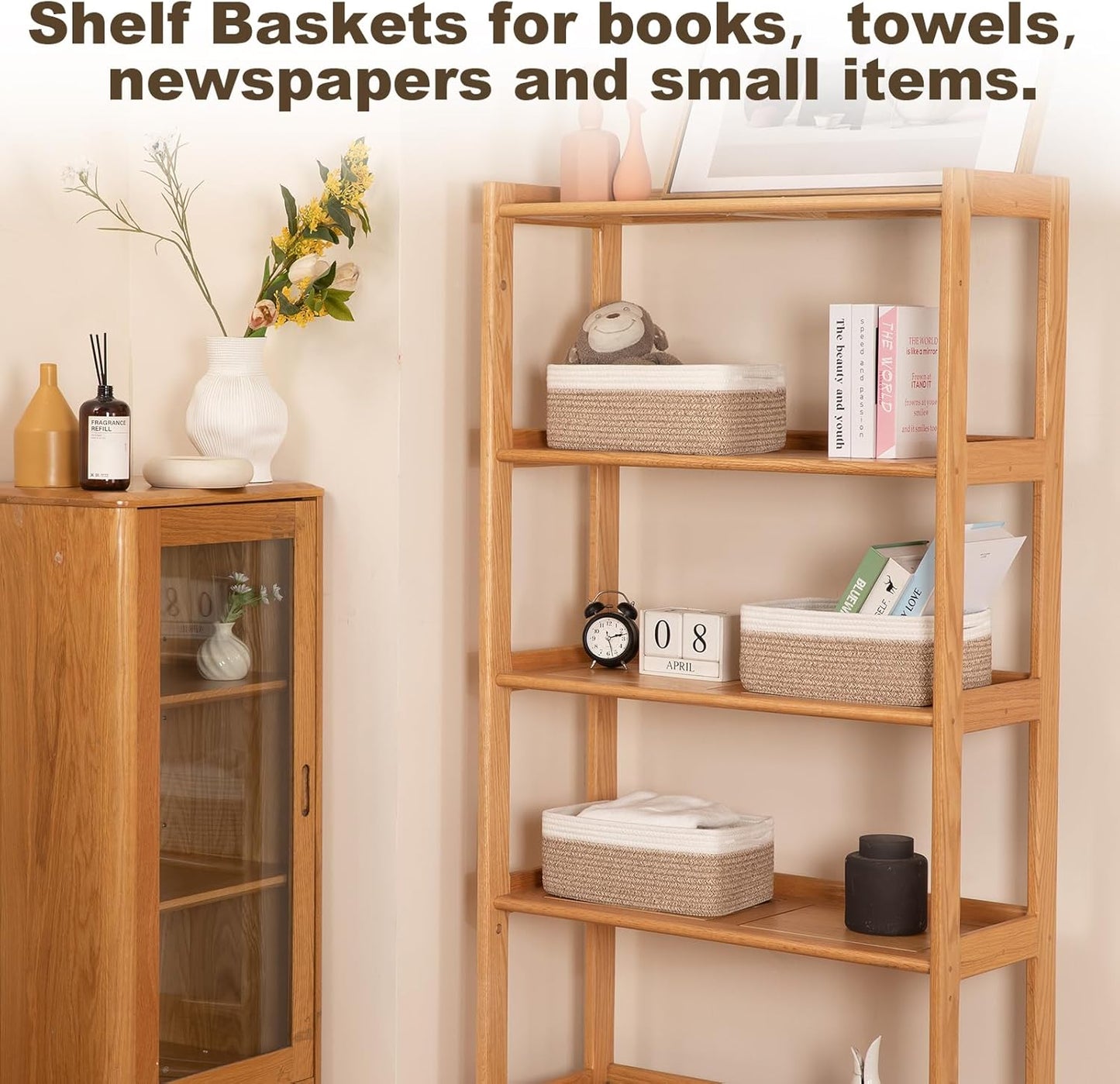 3 Pack Small Storage Baskets for Organizing, Cute Woven Decorative Gift Baskets for Shelves, Mini Closet Organizer Bins with Handles, 11.81''Lx7.87''Wx4.72''H-Brown and White