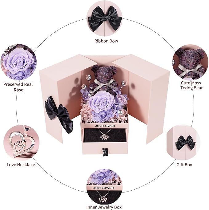 JoyFlower Preserved Flowers with Necklace Gifts for Mom, Unique Pearl Rose Eternal Flower Bear with Necklace Gift for Grandma, Preserved Real Purple Roses Birthday Mother's Day Gift for Mother Grandma