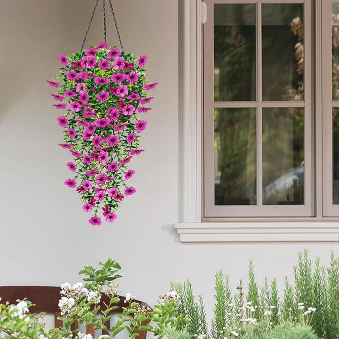 4 Pcs Fake Outdoor Artificial Flowers For Outdoors Uv Resistant, Plastic Flowers For Outdoors, Fake Hanging Plants Faux Flowers For Outdoor Planters, Silk Spring Flowers For Outside Porch(Purple )