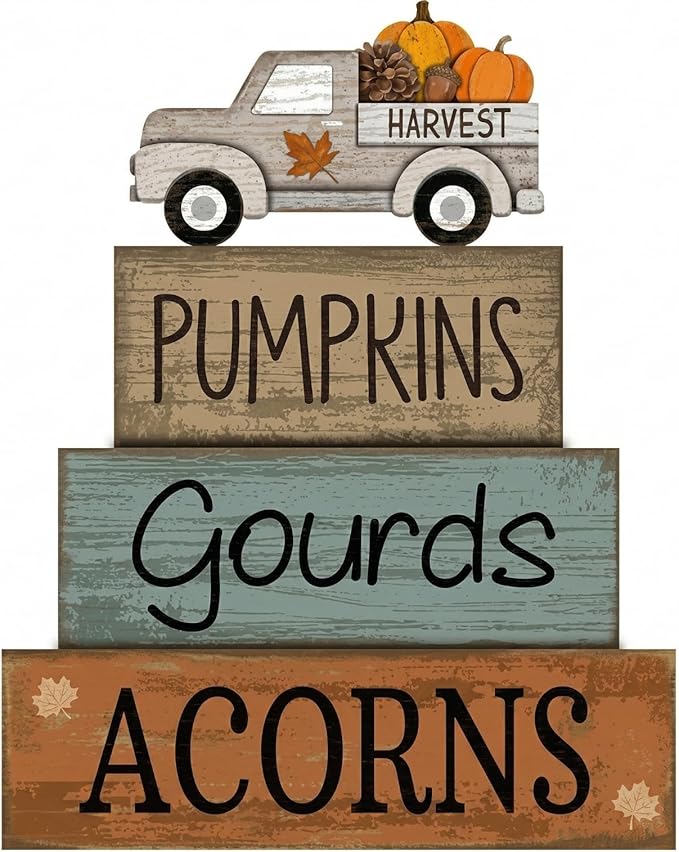 Lineshading 4 Pcs Fall Decoration for Home Fall Truck Decor Thanksgiving Tiered Tray Decor Thanksgiving Centerpiece Decorative Pumpkin Truck Block Signs Gift Farmhouse Autumn Table Decoration for Home