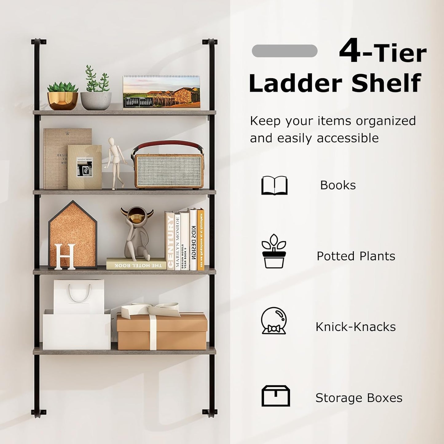 Giantex 4-Tier Industrial Bookshelf of 2, Wall Mounted Pipe Shelving Unit, Floating Shelves with Metal Frame, Hanging Wall Display Shelf, Wood Ladder Bookshelf for Living Room, Kitchen,Gray Oak