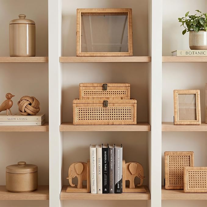 EupHHonycs Rattan Decorative Box with Lid Large Decorative Box Lid Display Rectangular Woven Boxes with Glass, Set of 2