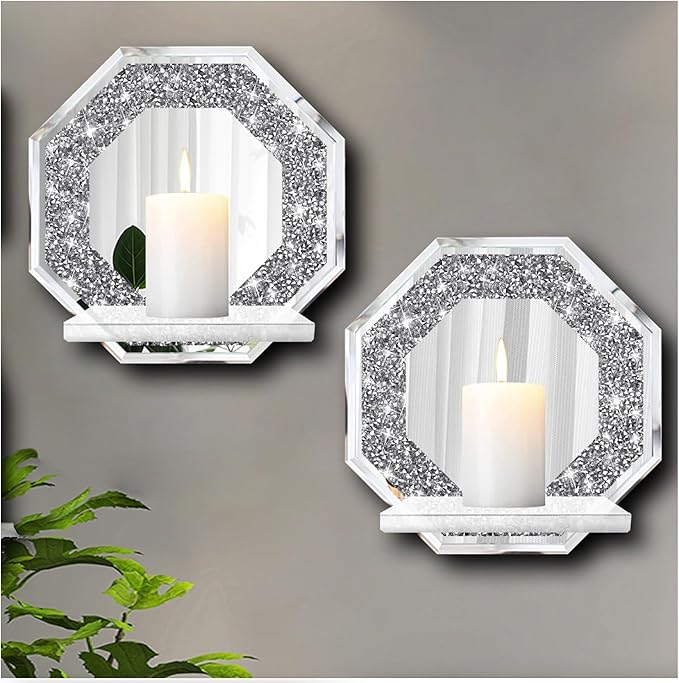 ZOLAPI Crystal Crush Diamond Wall Candle Holder Set of 2, Octagon Silver Mirrored Candle Sconces, Home Wall Decoration for Living Room, Dining Room & Bedroom.
