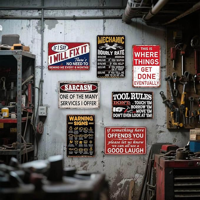 Funny Garage Metal Signs Vintage Man Cave Decor for Men - Retro Car Room Wall Art Posters, Mechanic Shop Signs & Mens Garage Gifts 7 Piece Set (8×12 Inch)