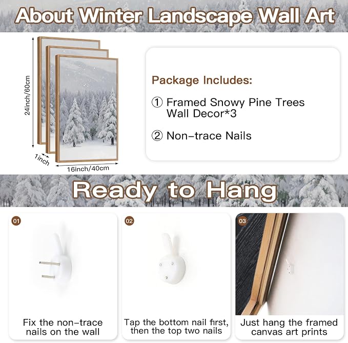 CHDITB Snowy Christmas Pine Trees Framed Canvas Wall Art(16"x24"), 3 Panels Winter Forest Landscape Artwork Prints, Large Neutral Abstract Nature Evergreen Snow Scene Xmas Gift Decor for Home Office Bedroom