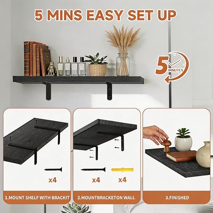 Easy Install Wall Shelves with Bracket,15.7Inch Wall Mounted Wood Floating Wall Shelves,Small Wall Shelves for Storage&Wall Decor, Living Room, Kitchen, Office,Corner Shelf for Bathroom,Set of 3,Black