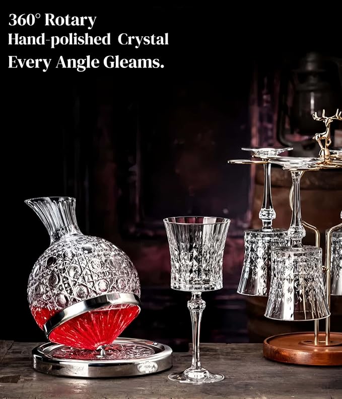 Wine Decanter Set - Spinning Crystal Red Wine Decanter Carafes, Jarler 360° Rotory Hand Blown 1.5L Lead-Free Glass Wine Aerator Quick Wake Up,Wine Gift for Wine Lover, Father day Gift (Silver+Clear)