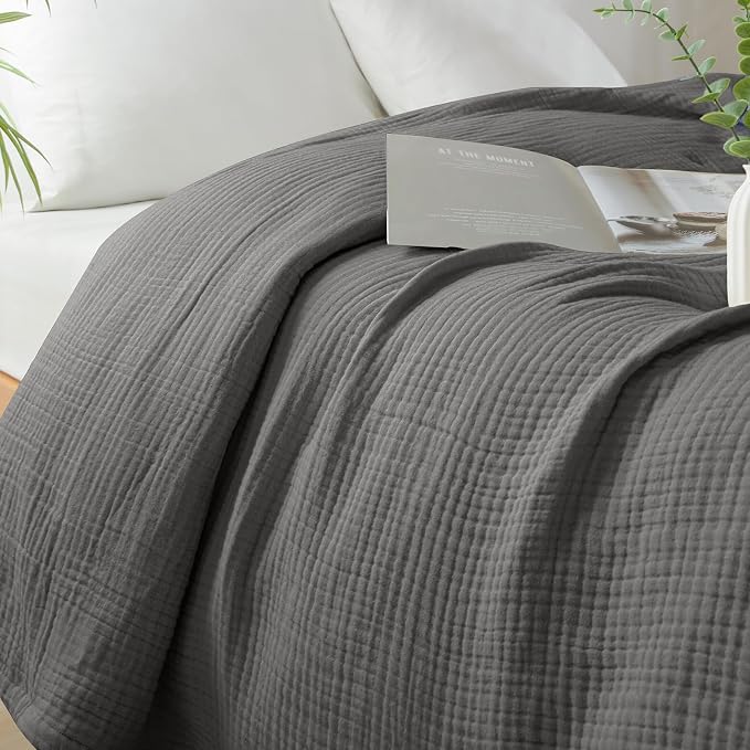 PHF 100% Cotton Muslin Blanket Twin XL Size 66"x90", 4-Layer Lightweight Gauze Throw, Breathable Cloud-Soft Minimalist Blanket for Bed, Couch, Camping & Baby, Greyish Black, Ideal Gift