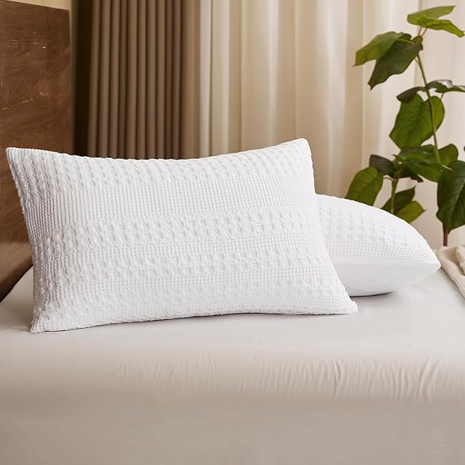 PHF 100% Cotton Waffle Pillow Shams Standard Size, 2 Pack 20" x 26" Soft Skin-Friendly Pillowcases, No Filling, Aesthetic Woven and Breathable Waffle Weave Pillow Case Covers for Bed, White