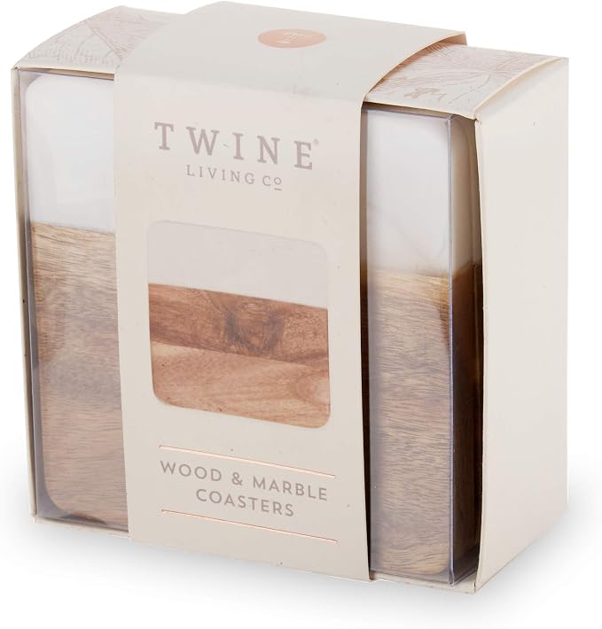 Twine Marble and Acacia Coasters, Modern Square Coasters, Acacia Wood, Marble, Protect Tables and Surfaces, Set of 4