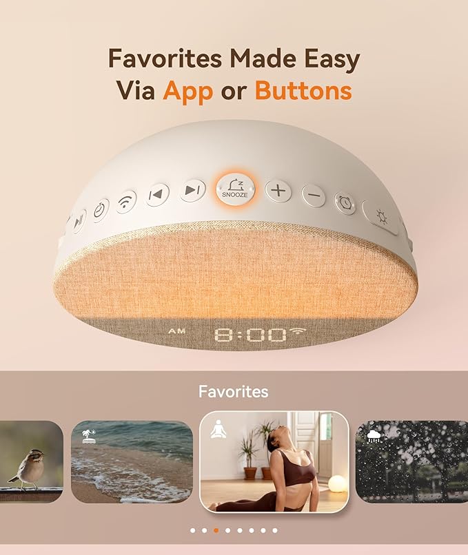 Dreamegg Sunrise 1+ Sound Machine, Sunrise Alarm Clock, Night Light, APP Control, Sleep Routines, Favorites Mode, 34 Soothing Sounds, White Noise Sound Machine, Wake Up Light for Bedrooms, Adults