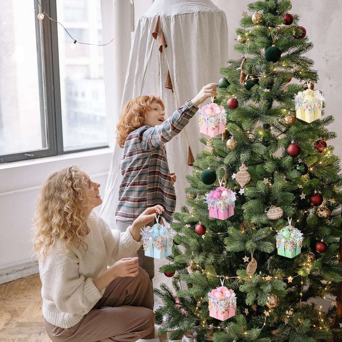 Christmas tree gift box ornament set,3 Pieces Macaron Color Candy Gift Hanging Ornaments for Christmas, New Year, Easter, Birthday (PINK GREEN YELLOW)