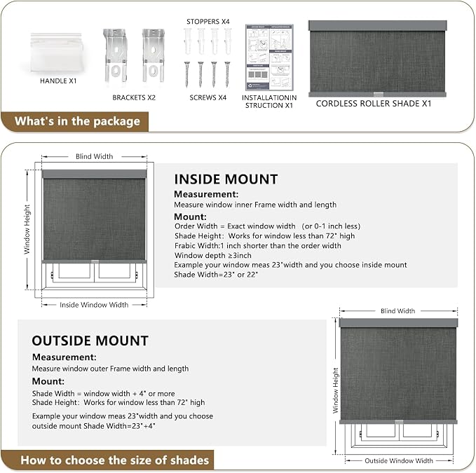 AOSKY Linen Roller Blinds Shades for Indoor Windows Pull Down Cordless Blackout Black Out Window Shade 49 Inch Blinds for Home Dark Grey
