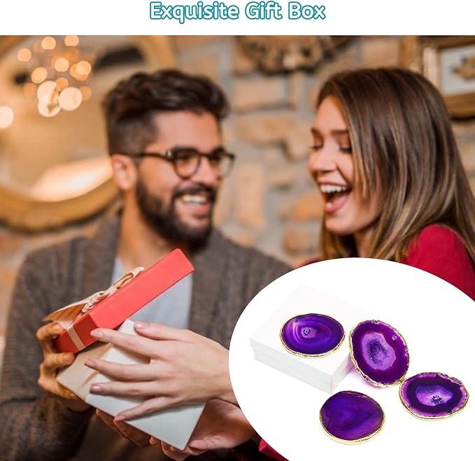 Luxiv Agate Coasters Set of 4 Crystal Drink Coasters with Gift Box (Purple) | Set Of 4 Natural Purple Agate Coasters, 3-4 Inch Crystal Stone With Gold Edge, Gift Box Included For Home Drink And Decor