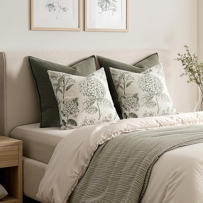 Set of 2 Decorative Floral Neutral Pillow Covers 18x18 Inch Light Green Hydrangea Print Spring Boho Vintage Throw Cushion Covers for Sofa Couch Porch Bedroom Living Room Summer Home Decor