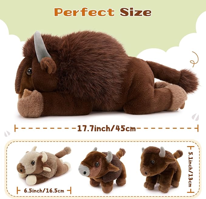 MorisMos 4Pcs Bison Stuffed Animal, 18inch Bison Mommy with 3 Baby Plush Toy, Soft Buffalo Wild Stuffed Animals Gift for Kids, Boys, Girls