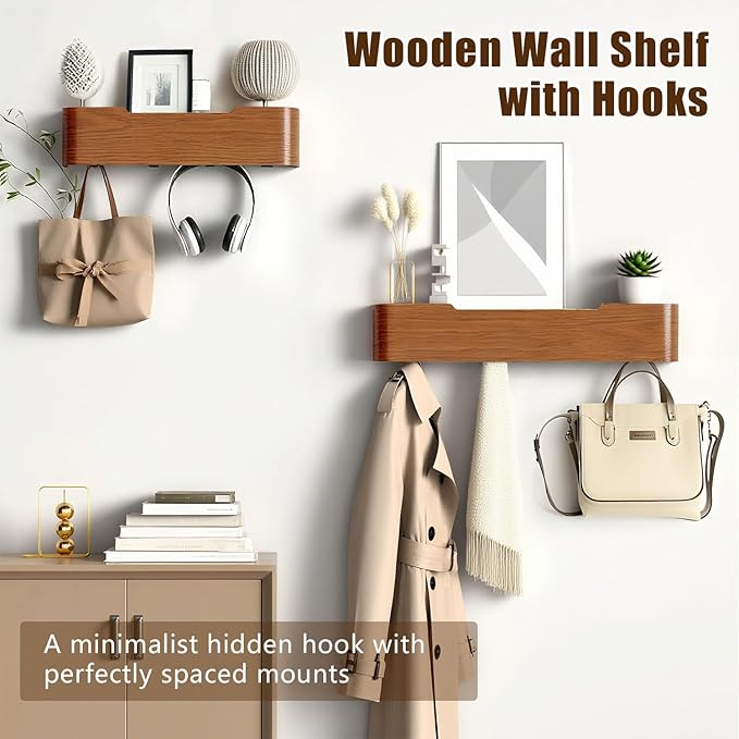 Coat Rack Wall Mount with Hidden Hooks, Wall Hooks with Shelf, Wall Key Holder Mount Wooden Shelf Entryway Hooks for Bedroom Bathroom for Hanging Coats Hats Bags Towels (Walnut, 5 Hooks)