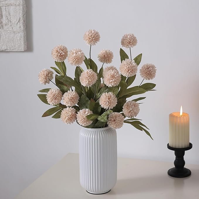 VIERENA 6 Pcs Faux Silk Pompon Mum Artificial Flowers for Vase -27", Bulk Fake Chrysanth Branches with Stems for DIY Bouquet Centerpieces Wedding Fillers Arrangements Shower Decorations (Beige)