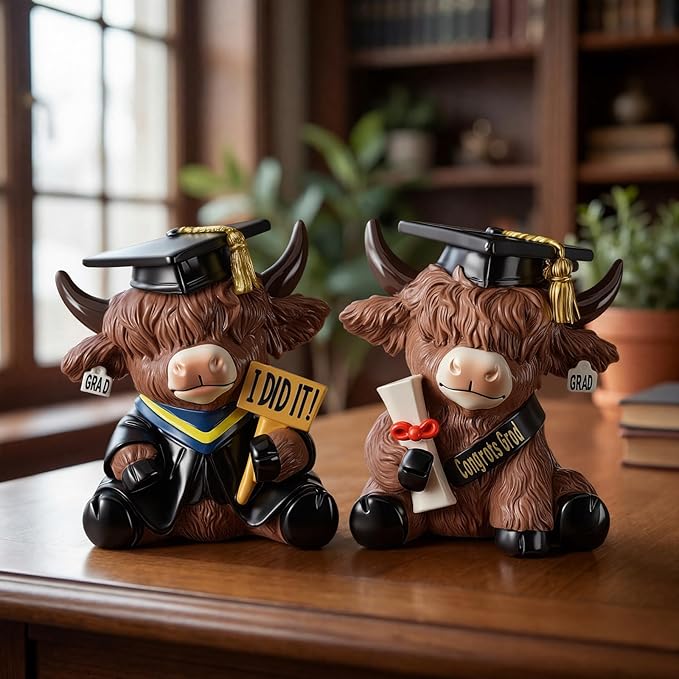 Karenhi 2 Pcs Graduation Highland Cow Figurines, Resin Congrats Grad Decorations, I Did It and Diploma Yak Collectibles for 2026 Graduation Gifts Party Table Centerpiece