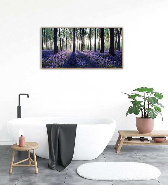 yearainn Framed Lavender Forest Wall Art – Purple Lavender Field with Sunlight through Trees Canvas Picture, Nature Landscape Painting Artwork for Home Wall Decor, Natural Wood Frame, 20" x 40"