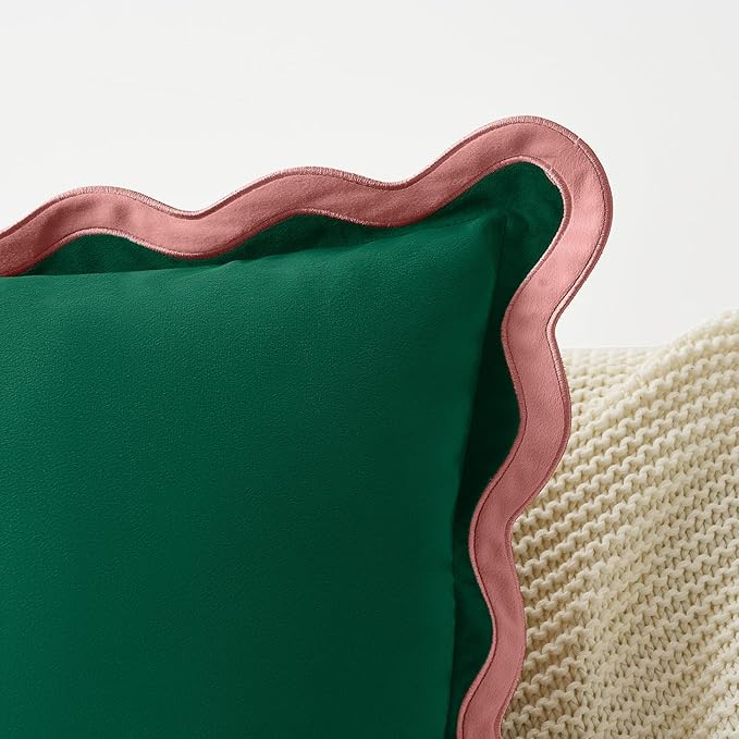 MONDAY MOOSE Decorative Throw Pillow Covers Cushion Cases, Set of 2 Soft Velvet Scalloped Wavy Edge Designs, Mix and Match for Home Decor, Pillow Inserts Not Included (20x20 inch, Pink/Green)