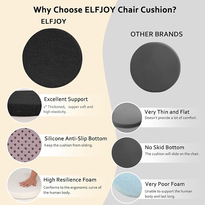 ELFJOY Round Chair Cushions for Dining Chairs Non Slip High-Resilience Foam Chair Pads 2" Thick Seat Cushions for Kitchen Chairs Set of 2 13" Black