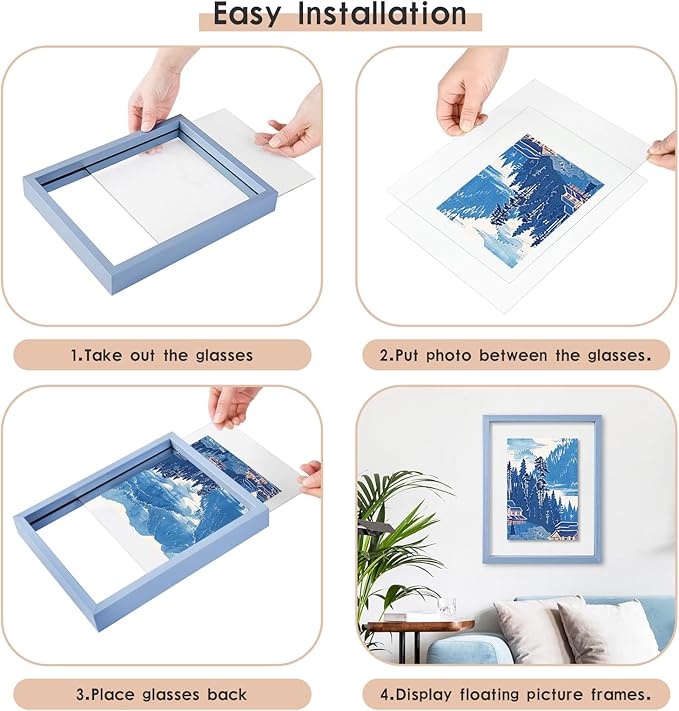 MUYE 5x7 Floating Frame Set of 2,Double Real Glass Photo Frame for Wall Hanging or Tabletop Standing,Also Display 4x6 or 3x5 Photo for Floating Effect,Blue