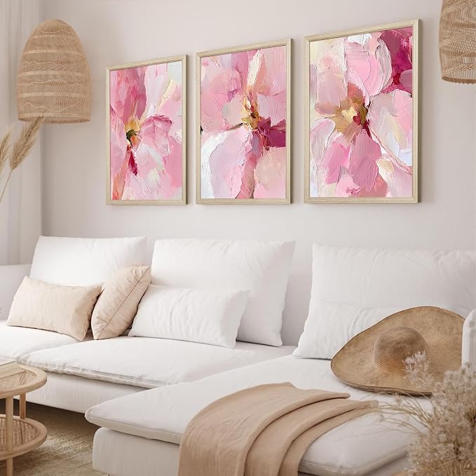 Abstract Floral Wall Art Pink Flower Canvas Pictures Modern Wall Decor Blush Pastel Pink Prints Peony Painting Minimalist Poster Botanical Artwork for Bedroom Living Room 12x16x3 Inch Wood Framed