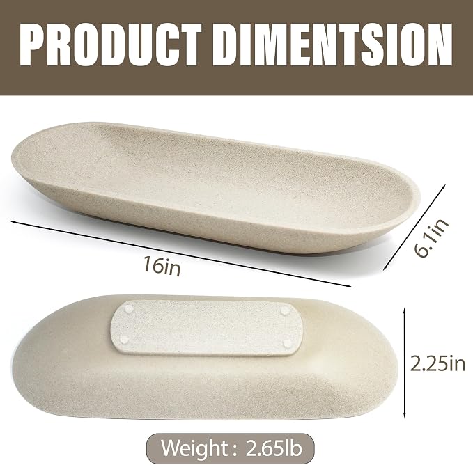 Long Decorative Bowl for Centerpiece, Dough Bowl for home decor 16" Beige | Minimalist Design Dough Bowl Decor for Coffee Table and Dining Table Centerpiece. Clutter Organizer with Anti-Slip Base
