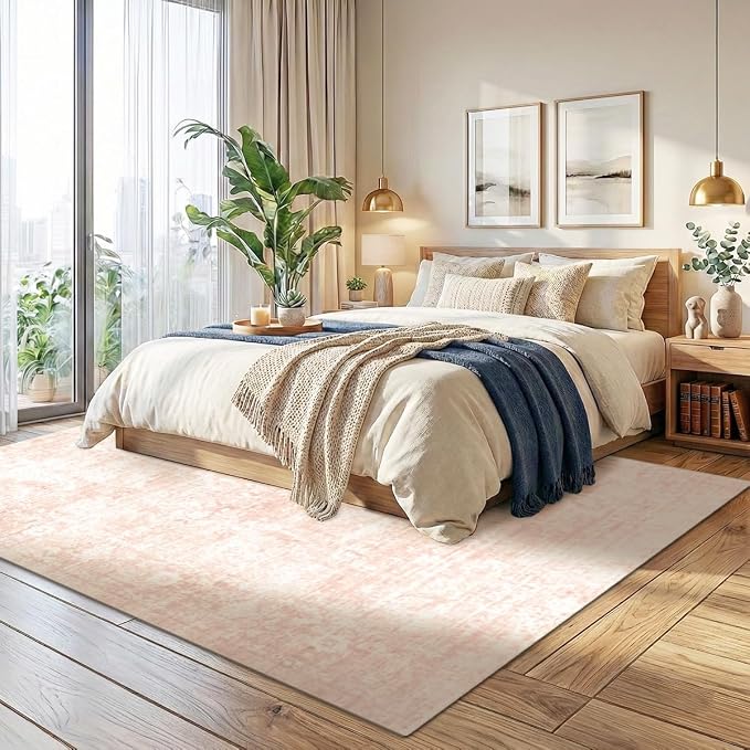 Homemate Washable Rug 8x10 Area Rugs - Vintage Faux Wool Rugs for Living Room Bedroom Dining Room - Non Slip Foldable Carpet Indoor Area Rug for Home Decor(8'x10', Pink