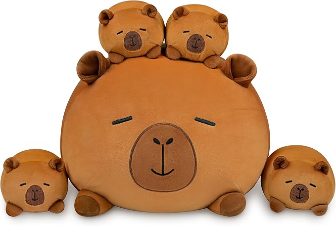 Capybara Plush, Soft Stuffed Animal Pillow Toy, Capybara Mommy with 4 Baby Plushies Family Set, Cute Birthday Gift for Kids Boys Girls Adults