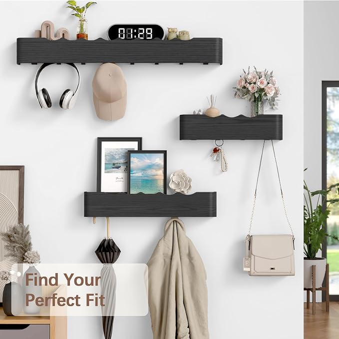 Coat Rack Wall Mount with Hidden Hooks, Wall Hooks with Shelf, Wall Key Holder Mount Wooden Shelf Entryway Hooks for Bedroom Bathroom for Hanging Coats Hats Bags Towels (Black Wave-Shape, 4 Hooks)