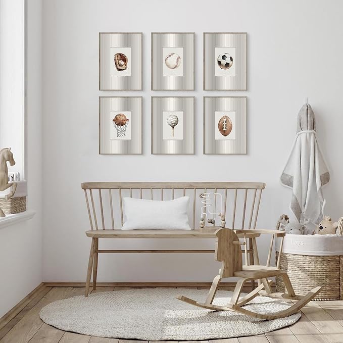 Sports Wall Art Decor Toddler Boys Room Canvas Prints Vintage Sports Nursery Wall Decor Baby Kids Poster Football Baseball Pictures Basketball Theme Artwork for Children Bedroom 12x16x6 Inch Unframed