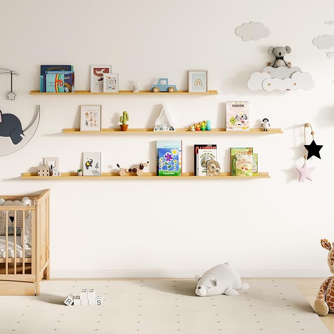 Floating Picture Ledge Shelves for Wall Set of 2, 72 Inches Picture Ledge Shelf with Long Large Nursery Book Shelf for Toys Storage Kids Bookshelf Wall Mounted Living Room Bedroom Decor Frames, Oak