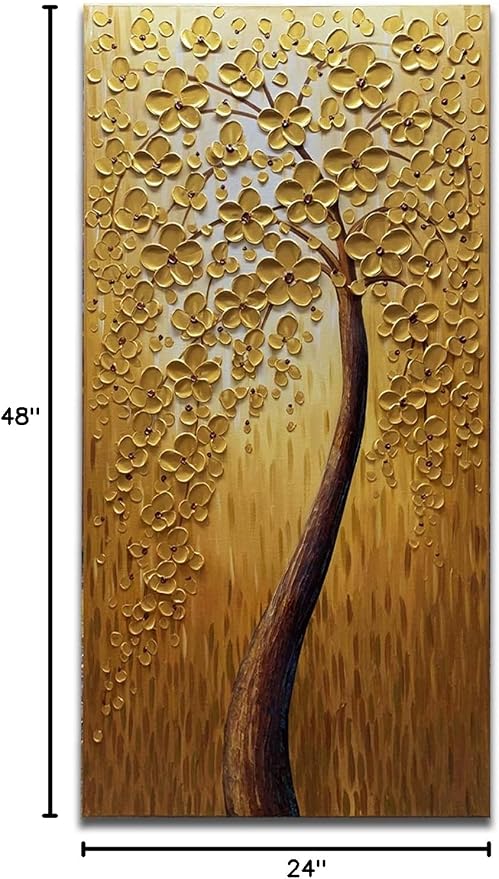 Yika Art, 3D Paintings Modern Abstract Oil Painting Hand Painted On Canvas Abstract Artwork Picture Wall Decoration for living room - Golden Lucky Tree Wall Art-24X48 Inch