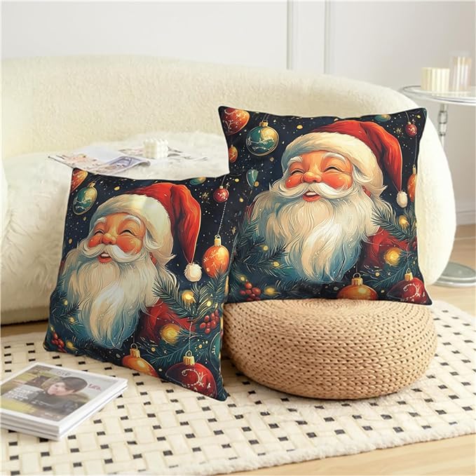 Christmas Santa Pillow Covers Xmas Throw Pillow Covers 18x18 Set of 2 Black Red Holiday Pillowcase Double Sided Printing Cotton Linen Cushion Case for Living Room Sofa Couch