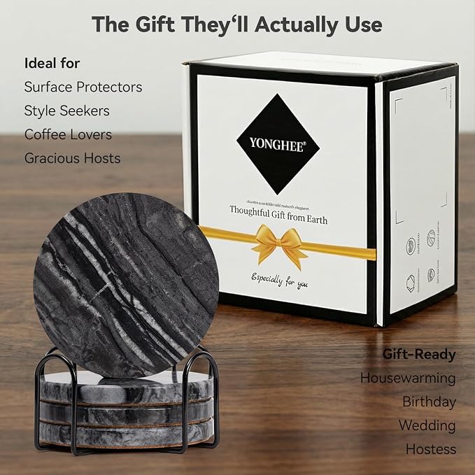 Black Marble Coasters Set of 4 with Holder, Black & Dark Gray Coasters for Coffee Table, 4" Round Polished Black Stone Coaster with Unique Veins – Heat Resistant, Non-Slip, Housewarming Gift