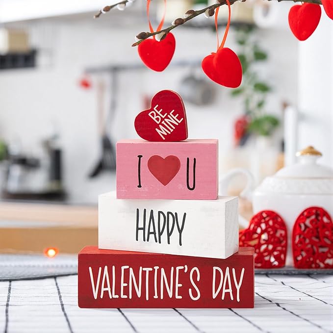 Smile Valentines Day Wooden Decoration, I Love U Happy Valentine's Day, Gift Box for Girlfriend Boyfriend Husband Wife Desk Sign Decor Home Office