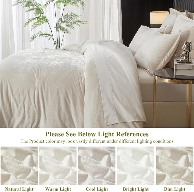 Ivellow Crushed Velvet Comforter Set Queen Ivory Comforter Set 5pcs Ultra Soft Lightweight Breathable Bedding Set Luxury Cozy Flannel Comforter Queen Size (1 Comforter,2 Pillow Shams, 2 Euro Shams