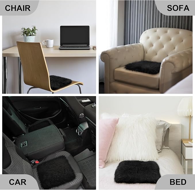Drydiet 2 Pcs Natural Sheepskin for Bed Sores and Skin Imitation Wool Medical Sheepskins with Non-Slip Back for Pain Relief and Discomfort, Wool Seat Pad, 17 in x 17 in(Square,Black)