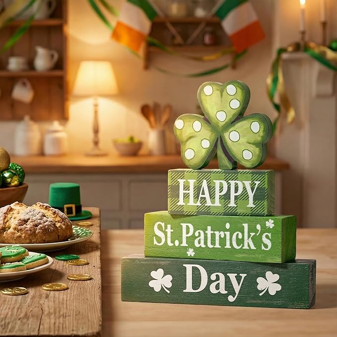 Smile St.Patrick's Day Wooden Block Decor Set of 4 Shamrock & "LUCKY KISS ME I'M IRISH", Tabletop Shelf Lucky Holiday Decoration