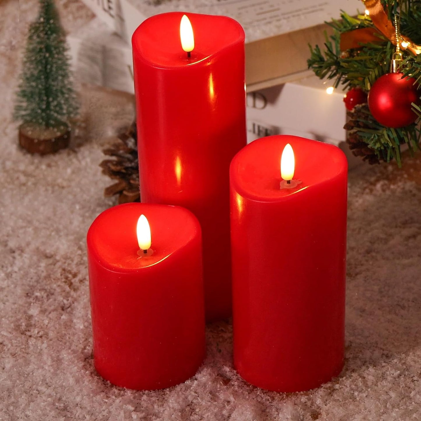 NURADA Outdoor Flameless Candles with Remote Timer - Waterproof Realistic Flickering LED Pillar Electric Battery Operated Fake Candle for Home Wedding Christmas Decor - 3 Pack Red(D3”H4”6”8”)